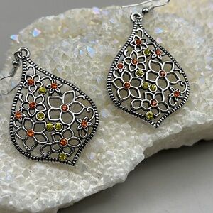 Floral Silver Earrings with Orange and Yellow Accents-Boho Chic